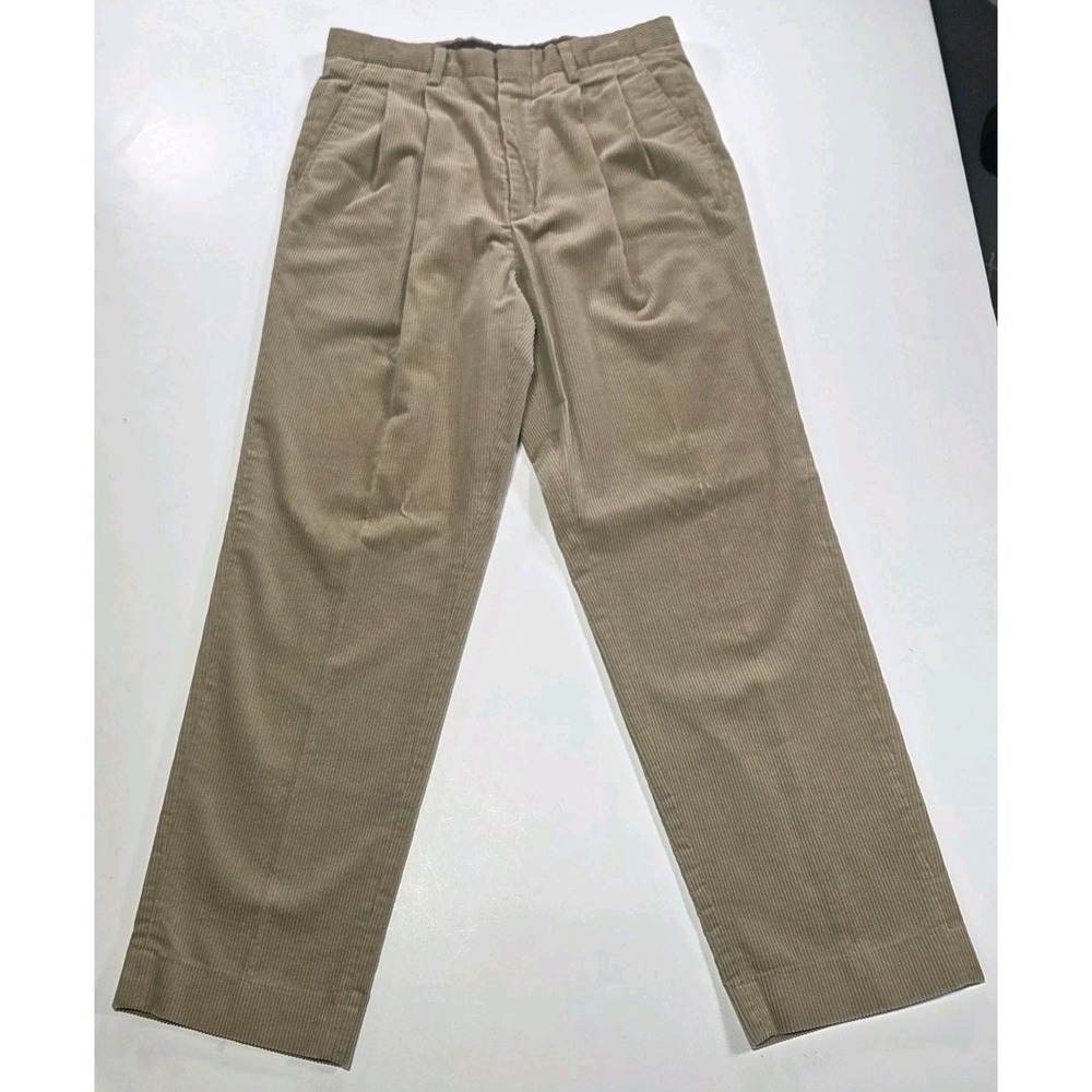 Eddie Bauer Dress Pants Mens 32x30 Beige Corduroy Trouser Straight Pleated Vtg